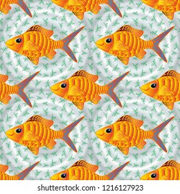 Underwater vector abstract background, tropical sea fish seamless pattern with exotic fish in brown, gray and yellow colors. Colorful ocean design.