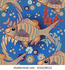 Underwater vector abstract background, tropical sea fish seamless pattern with exotic fish in beige, red and blue colors. Colorful ocean design.
