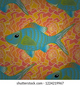 Underwater vector abstract background, tropical sea fish seamless pattern with exotic fish in blue, orange and yellow colors. Colorful ocean design.