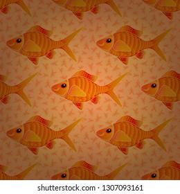 Underwater vector abstract background, tropical sea fish seamless pattern with exotic fish in yellow, beige and orange colors. Colorful ocean design.