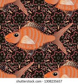 Underwater vector abstract background, tropical sea fish seamless pattern with exotic fish in beige, orange and black colors. Colorful ocean design.