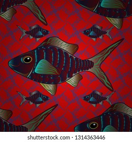 Underwater vector abstract background, tropical sea fish seamless pattern with exotic fish in blue, pink and brown colors. Colorful ocean design.