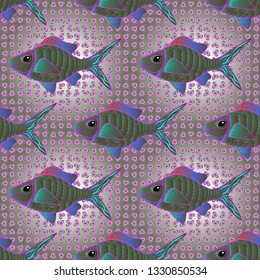 Underwater vector abstract background, tropical sea fish seamless pattern with exotic fish in gray, blue and green colors. Colorful ocean design.