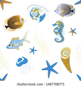 Underwater vector abstract background, tropical sea fish seamless pattern with exotic fish in blue, yellow and white colors. Colorful ocean design.
