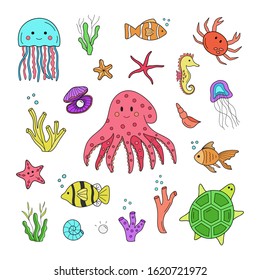 Underwater vector animals illustration set. Hand drawn sea, ocean, marine cartoon animals. Isolated graphic print, web stickers.