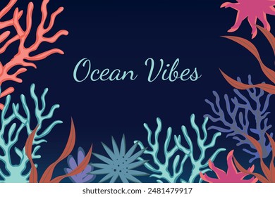 Underwater vector background, banner. Exotic underwater world with coral reefs. Sea vector bright landscape.