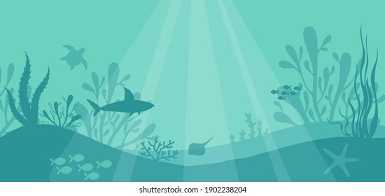 Underwater vector background with fishes, sea plants, shark, turtle, starfish, corals. Marine underwater life. 