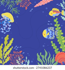 Underwater vector background with tropical fish, jellyfish, coral and seaweed on deep blue backdrop Bright marine card with side framing elements and open space for text Design for posters, invitation
