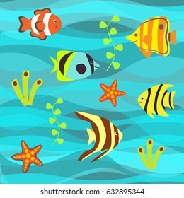Underwater vector background, tropical sea fish set with exotic clown-fish, starfish, butterfly fish, batfish, plants on blue wave background. Bright summer design for wallpaper, wrapping, scrapbook.