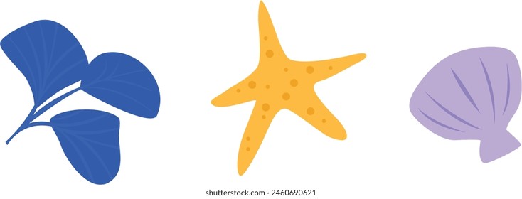 Underwater vector elements. Starfish, seashell