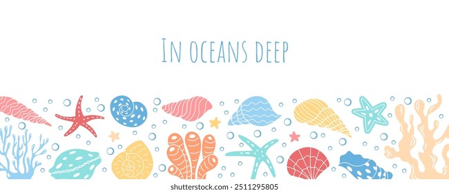 Gráfico vetorial subaquático com elementos da vida marinha e texto In Oceans Deep. Corais vibrantes e conchas criam um projeto animado com temas marinhos para banners e cartazes.