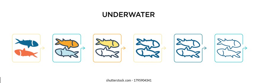 Underwater vector icon in 6 different modern styles. Black, two colored underwater icons designed in filled, outline, line and stroke style. Vector illustration can be used for web, mobile, ui