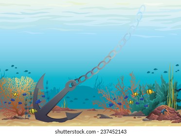 Underwater vector illustration. Anchor and coral reef on a blue sea background.