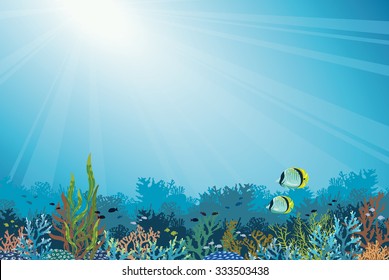 Underwater vector illustration - colorful coral reef with school of fish and two butterfly-fish on a blue sea background. Seascape image.