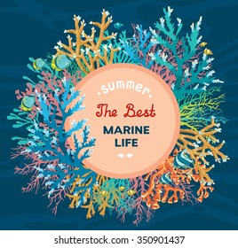 Underwater vector illustration - colorful coral reef with fish on a blue sea background. The best tropical marine life.