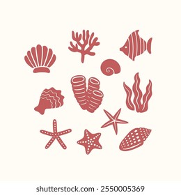 Ilustración vectorial submarina de pólipos de coral, moluscos, estrellas de mar, conchas, almejas, peces, ostras y algas. Conjunto de iconos acuáticos dibujados a mano. Linda ilustración de vida silvestre del océano