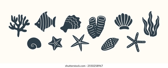 Ilustración vectorial submarina de pólipos de coral, moluscos, estrellas de mar, conchas, almejas, peces, ostras y algas. Conjunto de iconos acuáticos dibujados a mano. Linda ilustración de vida silvestre del océano