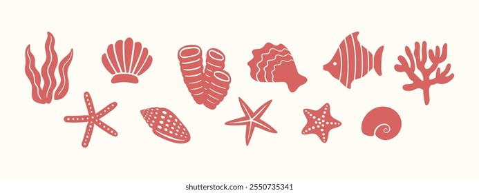 Ilustração de vetor subaquático de pólipos de coral, moluscos, estrelas-do-mar, conchas, moluscos, peixes, ostras e algas marinhas. Conjunto de ícone aquático desenhado à mão. Ilustração bonita da vida selvagem do oceano