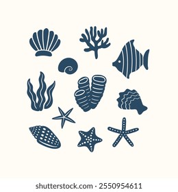 Ilustración vectorial submarina de pólipos de coral, moluscos, estrellas de mar, conchas, almejas, peces, ostras y algas. Conjunto de iconos acuáticos dibujados a mano. Linda ilustración de vida silvestre del océano