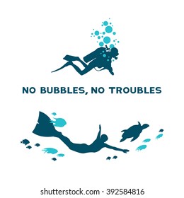 Underwater vector illustration - Difference between scuba and free diver. No bubbles, no troubles.