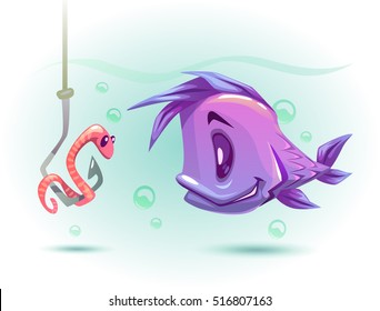 Underwater vector illustration. Funny cartoon violet fish is looking at the little pink worm on a fishing hook.