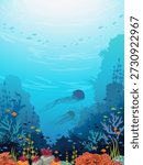 Underwater vector illustration. Seascape image with colorful coral reef, fishes and silhouette of jellyfish. Wild marine life. 