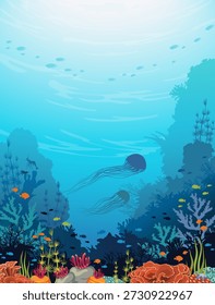 Ilustração de vetor subaquático. Imagem do mar com recife de coral colorido, peixes e silhueta de águas-vivas. Vida marinha selvagem. 