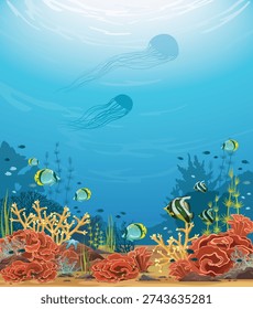  Underwater vector illustration. Seascape image with colorful coral reef, fishes and silhouette of jellyfish. Wild marine life.