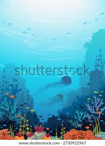 Underwater vector illustration. Seascape image with colorful coral reef, fishes and silhouette of jellyfish. Wild marine life. 