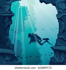 Underwater vector illustration. Silhouette of scuba diver and stone cave on a blue ocean background. Marine life with fish and coral reef.