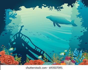 Underwater vector illustration. Silhouette of sunken ship, coral reef, fish and whale on a blue sea. Marine wild life.