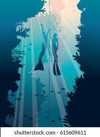 Underwater vector illustration. Silhouette of two freedivers and walls with coral reef on a blue sea. Marine life and training of free divers. 