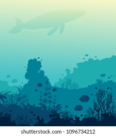 Underwater vector illustration - silhouette of whale, coral reef and school of fish on a blue sea. Ocean wildlife.