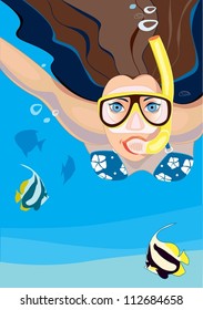 Underwater. The vector illustration of young woman diving among coral fishes.