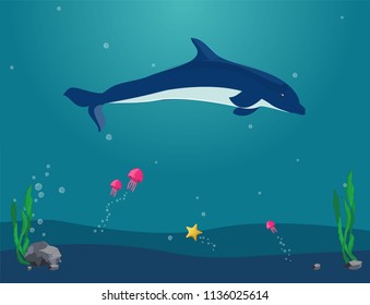 Underwater vector landscape. Dolphin swim under water with jellyfish, starfish.Used for children illustration. Sea flora and founa. Ocean life.