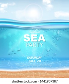 Underwater Vector realistic background. Sea party banner template. Detailed 3d water poster
