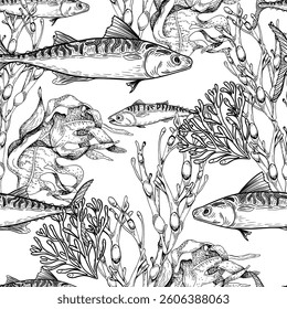 Underwater vector seamless pattern mackerel, coral branches, and seaweed hand drawn. Monochrome marine illustration for fabric design, scrapbooking, stationery, packaging, and aquarium backgrounds.