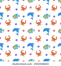 Underwater vector seamless pattern and a postcard for child. Underwater life. Perfect for kids bedding, wallpaper, wrapping paper, fabric, textile, t-shirt print