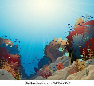 Underwater vector seascape with coral reef and school of fish.