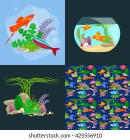Underwater vector world background with fish, seaweed and bubbles