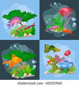 Underwater vector world background with fish, seaweed and bubbles