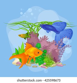 Underwater vector world background with fish, seaweed and bubbles