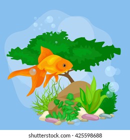 Underwater vector world background with fish, seaweed and bubbles