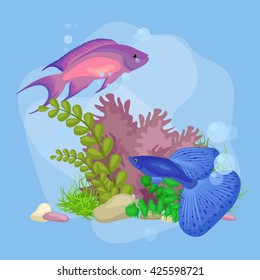 Underwater vector world background with fish, seaweed and bubbles