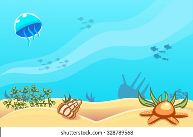 Underwater vector world background with jellyfish, fishes, seaweed, ship, sand, seashell and a starfish