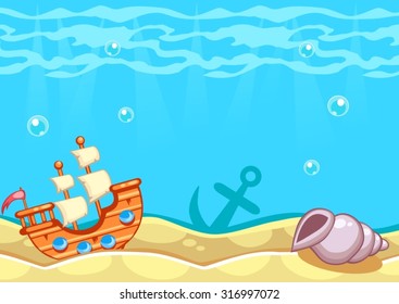 Underwater vector world background with ship, seashell and an anchor