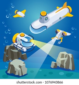 Underwater vehicles including unmanned equipment and submarine, composition on blue background isometric vector illustration