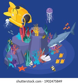 Underwater vehicles machines equipment isometric concept yellow underwater car explores the sea fish and animals