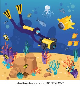 Underwater vehicles machines equipment isometric composition diver explores the seabed with underwater equipment vector illustration