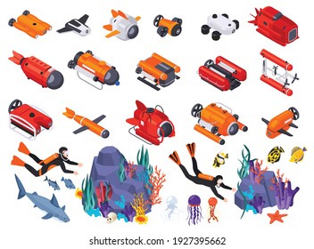 Underwater vehicles machines equipment isometric isolated icon set with divers fish different tools and underwater ships vector illustration